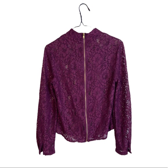 PURPLE LACE SEE-THROUGH LONG SLEEVE TOP, HIGH NECK WITH ZIPPER, SIZE SMALL - Picture 3 of 6